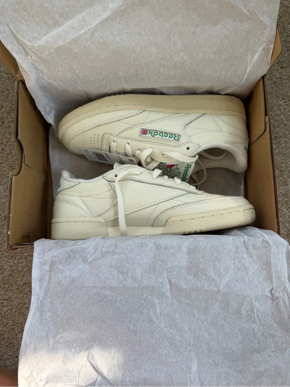 Reebok Kids Club C Vintage Sneakers in Off-White with Green and Red Accents